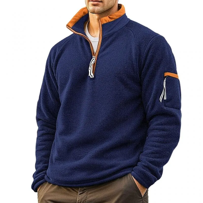 Men's Casual Solid Color Polar Fleece Half-Zip Stand Collar Long-Sleeved Sweatshirt 12323732Y