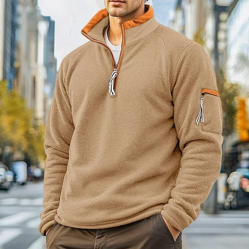 Men's Casual Solid Color Polar Fleece Half-Zip Stand Collar Long-Sleeved Sweatshirt 12323732Y