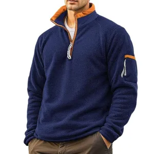 Men's Casual Solid Color Polar Fleece Half-Zip Stand Collar Long-Sleeved Sweatshirt 12323732Y